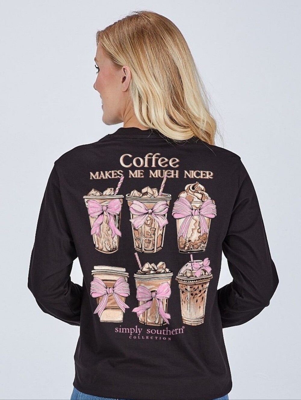 NWT Simply Southern 'Coffee Makes Me Much Nicer' Long Sleeve Tee - Black,Size XL - Picture 2 of 8